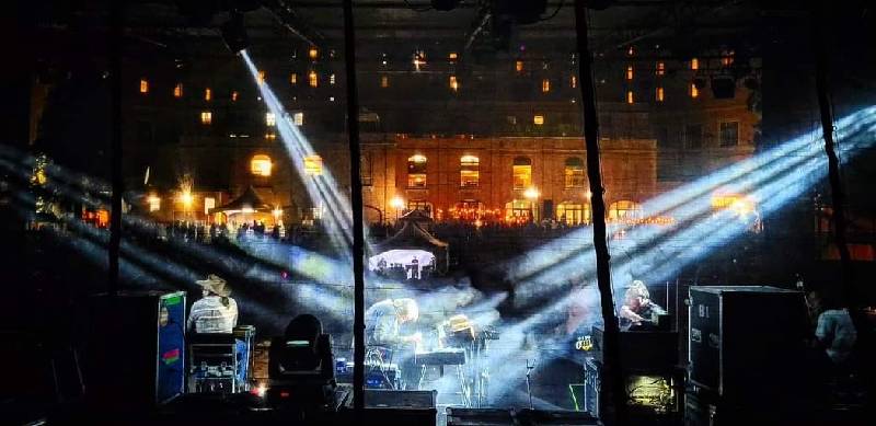  A onstage photo of the band Blue Rodeo at the Bess Gardens in Saskatoon for Rock the River